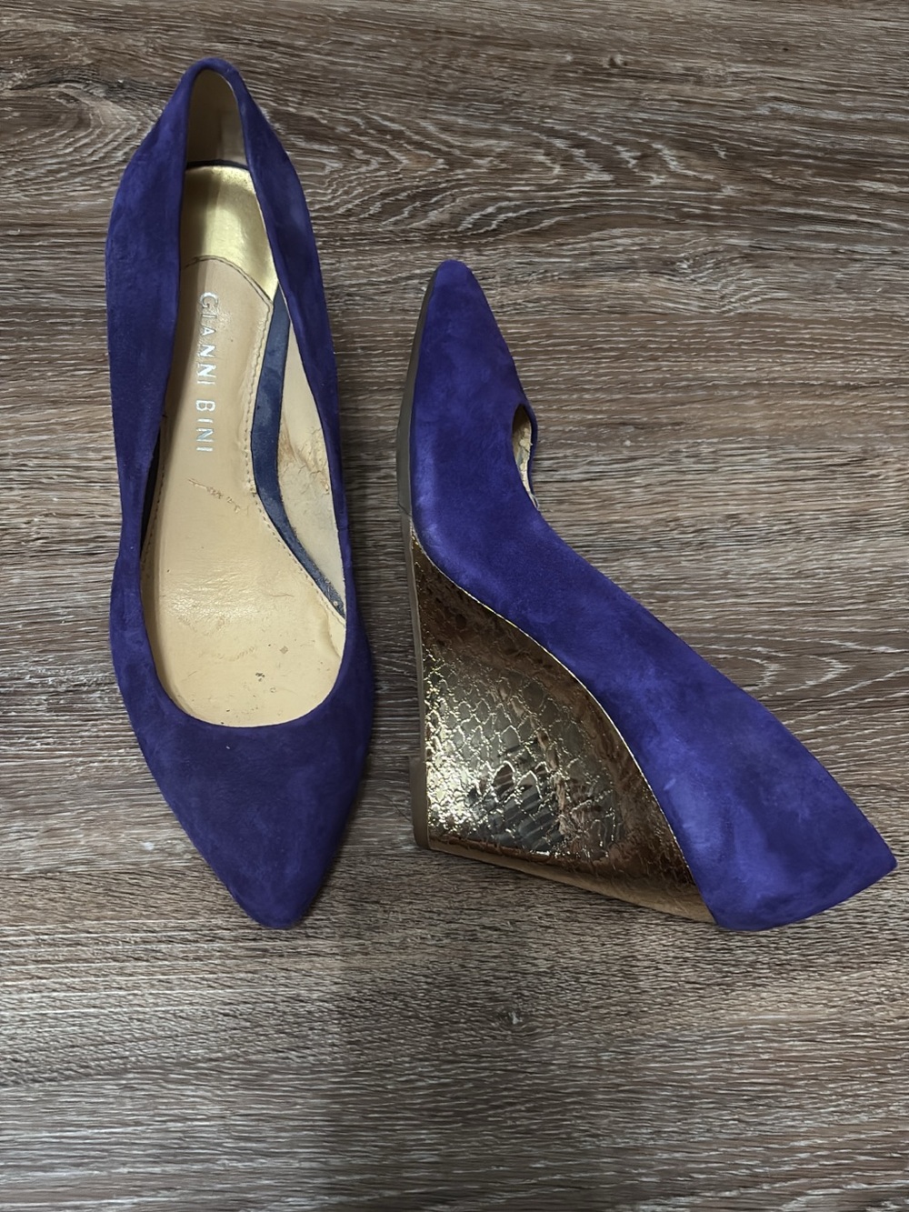 Gianni Bini Purple Suede Pointed-Toe Wedge Pumps with Metallic Gold Wedge